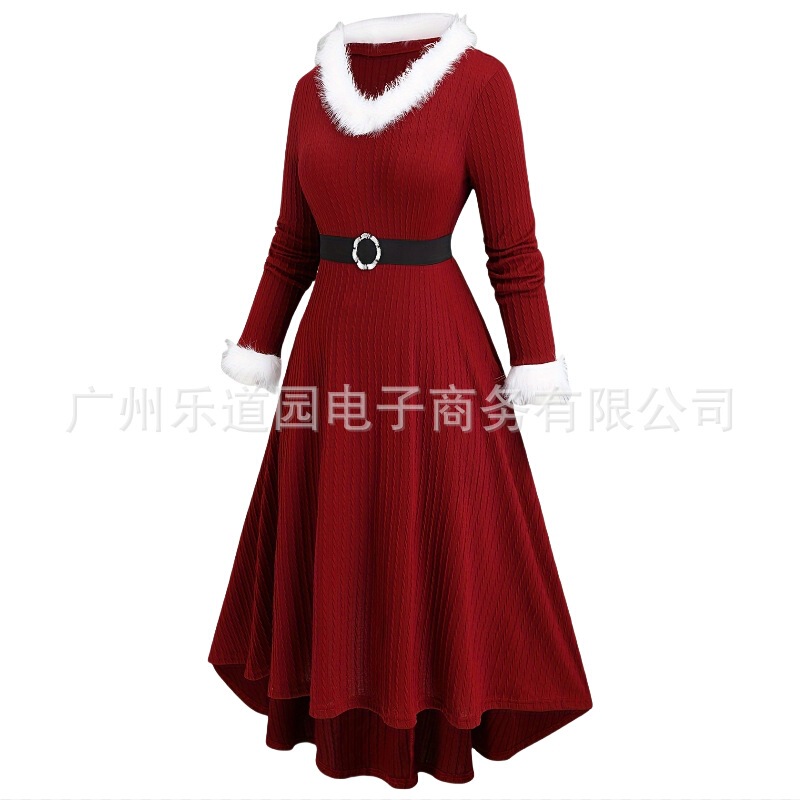 2024 European and American plus size Women's Christmas Party Swinging Dress Jacquard Rag Long Sleeve V-Neck and Belt dress