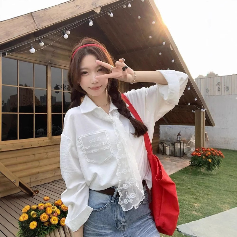 Lace Tie Long-Sleeved Shirt for Women 2025 Spring New Korean Style Small Fresh Loose Design Cardigan Top Trendy