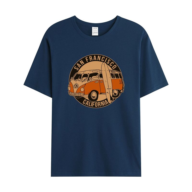 独立駅クロスボーダー男性レトロ車模様綿100% ゆるいプルオーバー半袖tシャツ|undefined