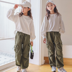 女童套裝秋裝2023新款套裝短款衛衣寬鬆百搭嘻哈hiphop街舞束腳褲