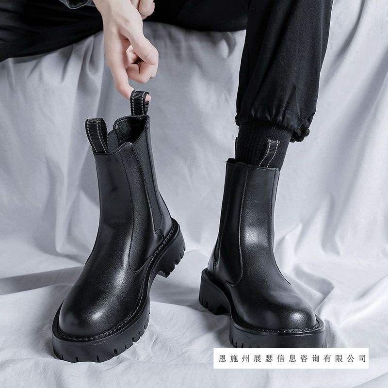 Chelsea Boots Men's Autum Mid-Calf Boots Men's Black High-Top Shoes British Style Cotton Shoes Fleece-Lined All-Season Boots