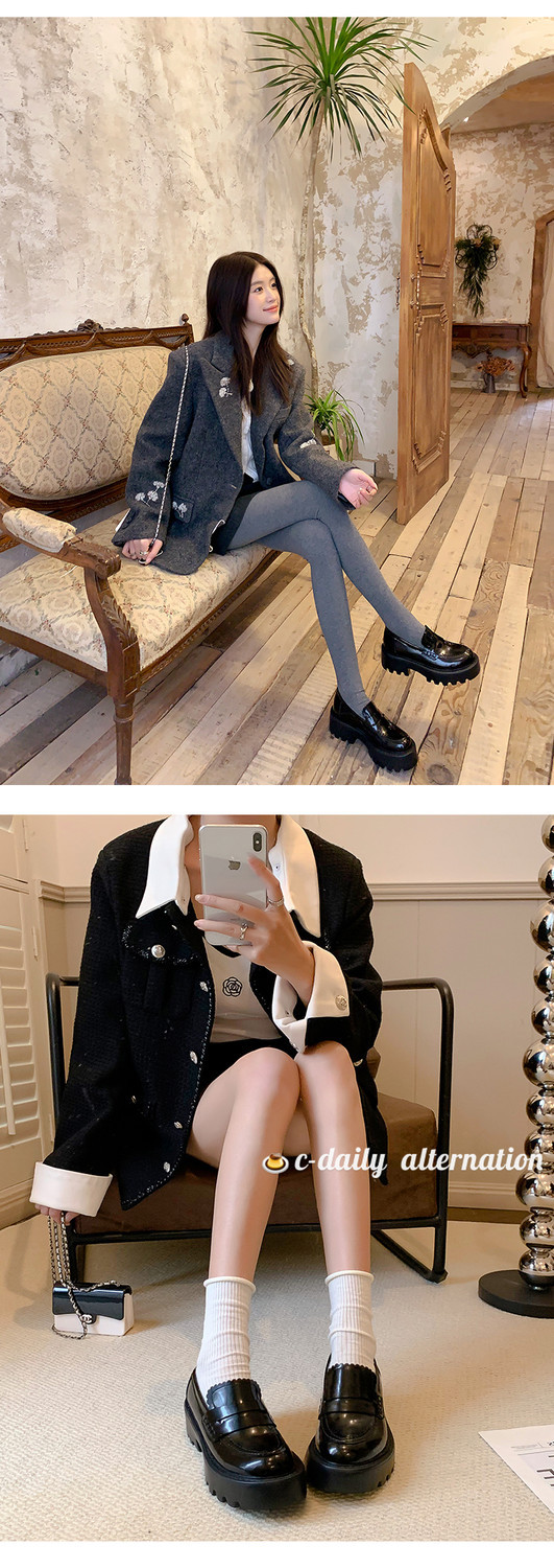 Giày lười nữ mũi tròn miệng sâu đế xuồng da thật gót vừa phải — Màu nâu, Màu đen chi tiết 10