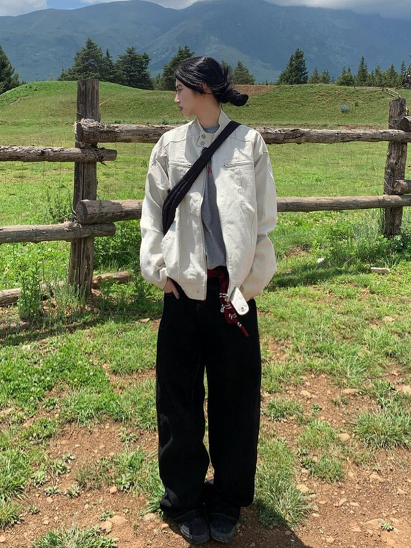 2025新款春秋美式工装夹克女宽松拉链百搭格子帆布休闲立领外套女|undefined