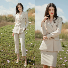 米色双排扣时尚气质女总裁西服套装大学生面试正装白领制服工作服