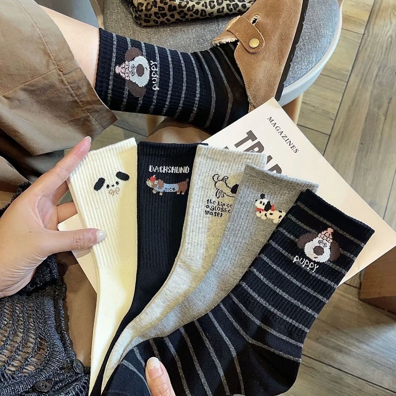 秋季新款袜子腊肠小狗ins白色可爱条纹卡通百搭网红爆款中筒女袜|undefined