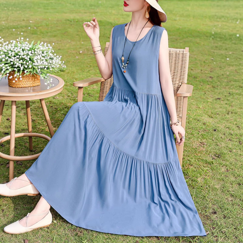 Summer New Cotton Silk Holiday Long Dress Floral Print Plus Size Sleeveless Elegant Slimming Strap Beach Dress