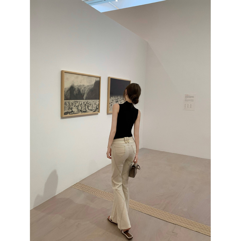 Chicyou Self-Retained Gold Button Topstitch Stretch Pants Tight Casual Flared Jeans for Women