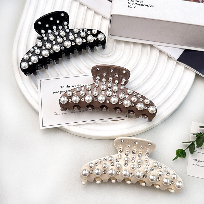 French-Style Acetate Hair Clip for Women with Full Diamond Pearl Shark Clip, Fashionable and Versatile Hair Clip for the Back of the Head, Adult Hair Accessories
