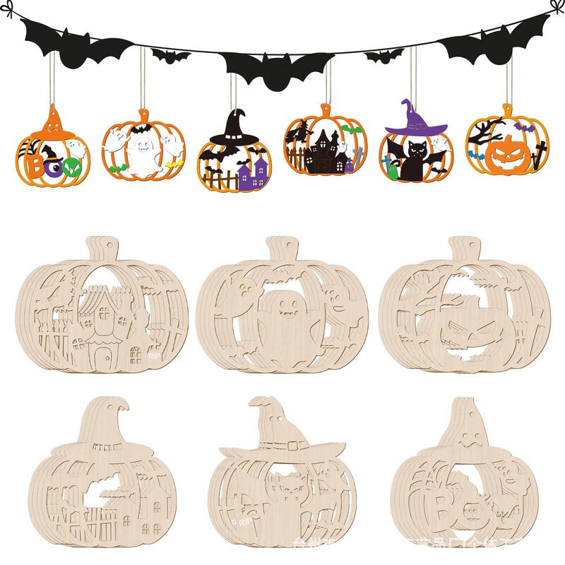 Cross-border Halloween pumpkin wood slices pendants, creative laser-engraved hollow blank pumpkin wooden DIY tags Cross-border Halloween pumpkin wood slices pendants, creative laser-engraved hollow blank pumpkin wooden DIY tags
