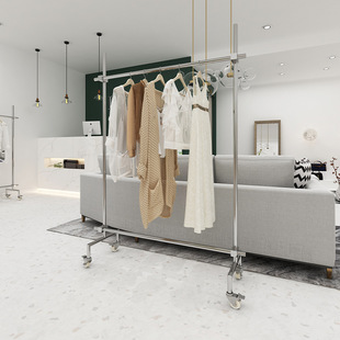 Clothing Store Display Rack Stainless Steel Floor-Standing Display Rack with Wheels for Women's Clothing Adjustable Mobile Shelf
