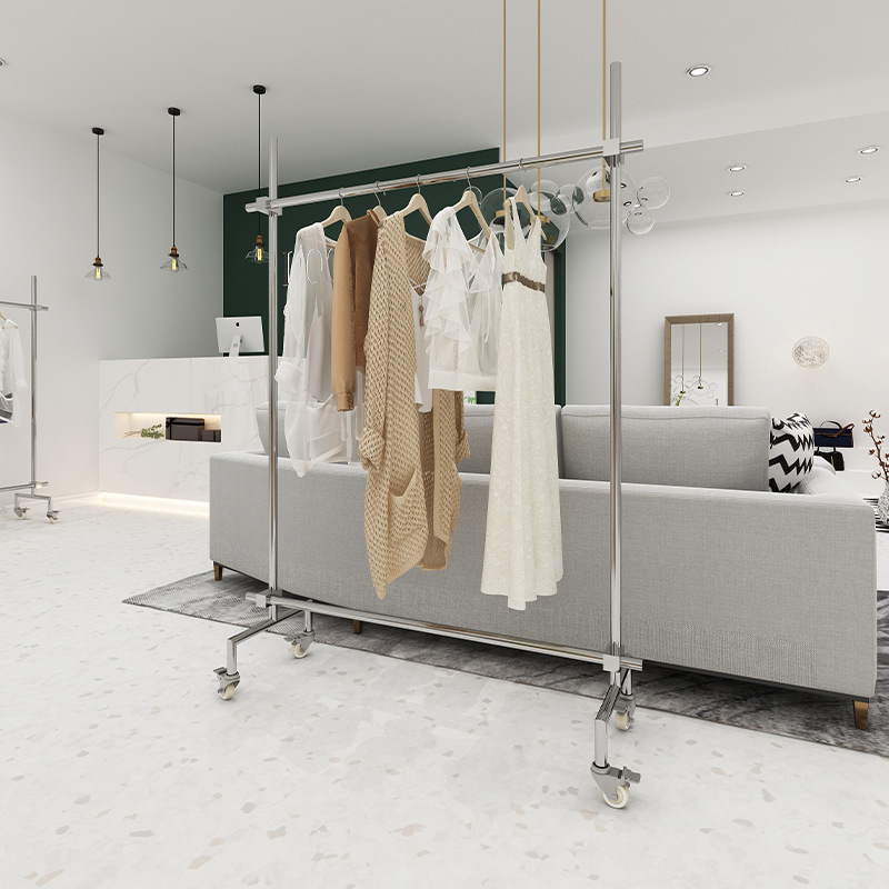 Clothing Store Display Rack Stainless Steel Floor-Standing Display Rack with Wheels for Women's Clothing Adjustable Mobile Shelf Clothing Store Display Rack Stainless Steel Floor-Standing Display Rack with Wheels for Women's Clothing Adjustable Mobile Shelf