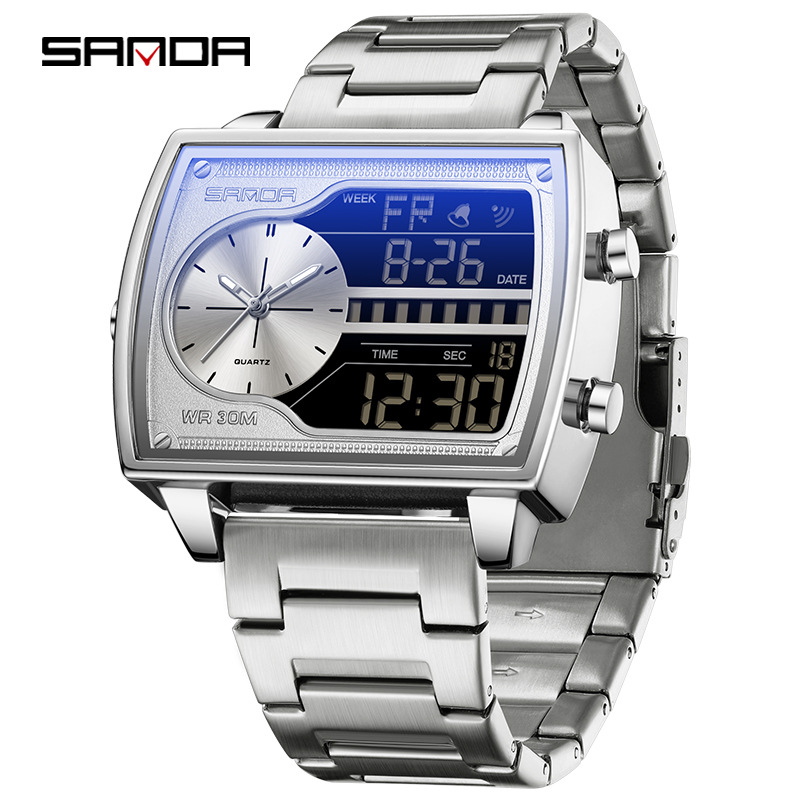 SANDA SANDA 6163 nuevo reloj electrónico de moda doble pantalla multifuncional reloj de hombre impermeable calendario de luz nocturna reloj de hombre