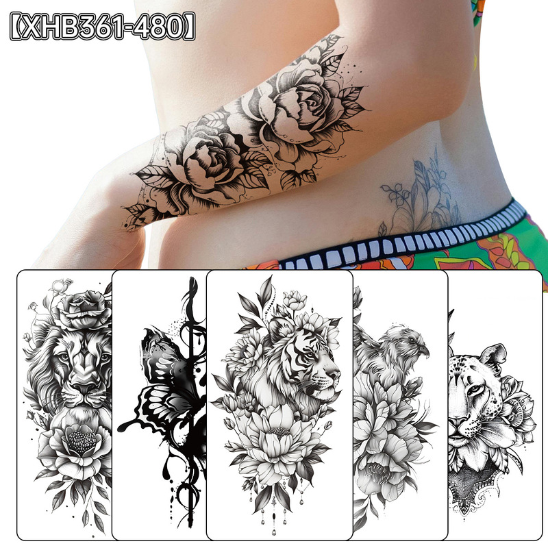European and American Flower Arm Tattoo Stickers Lion Tiger Rose Butterfly Waterproof and Sweatproof Temporary Tattoo Festival Party Popular Model