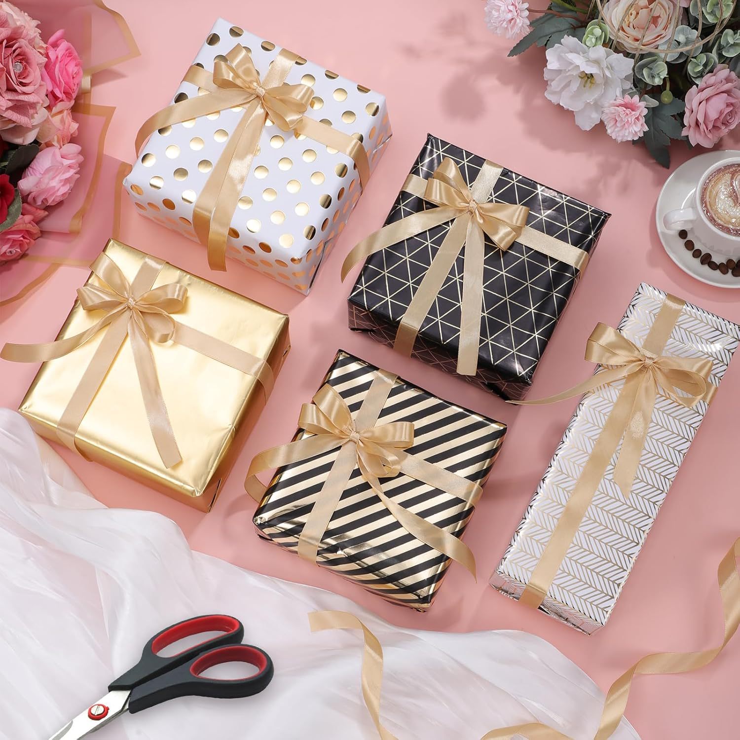 Suministro exclusivo transfronterizo de regalos para el Día de San Valentín, estampado en caliente con lámina dorada, papel de regalo de feliz cumpleaños, rollo de papel de lunares de gran tamaño al por mayor.