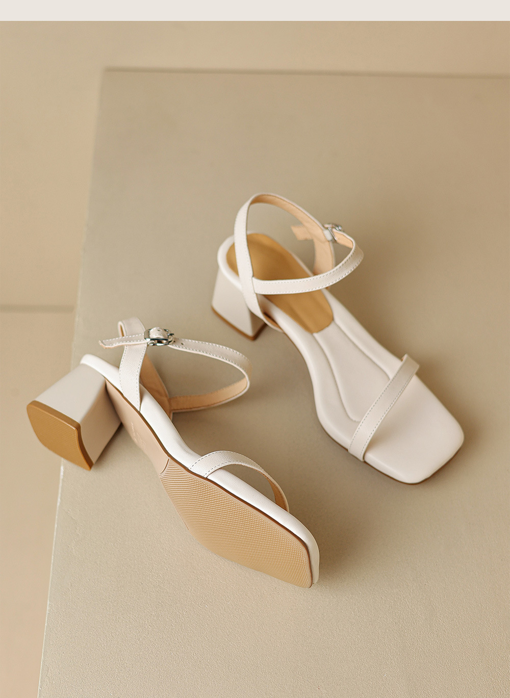 Sandal nữ quai ngang da cừu gót vuông ổn định — Màu trắng be chi tiết 16