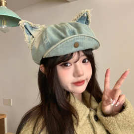 翻檐可爱磨毛猫耳水洗做旧八角帽子女百搭文艺复古牛仔报童贝雷帽