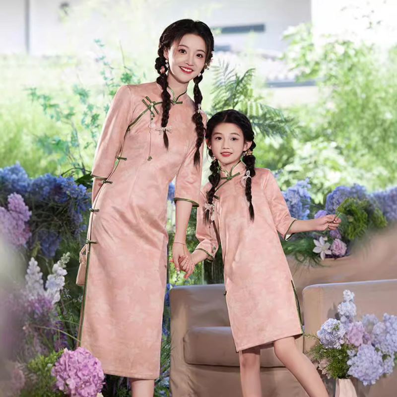 Mother kids Chinese dresses Parent Child Clothing Big Girl Mother and Child  stage performance party meeting Dress up Qipao Cheongsam Hanfu Dress