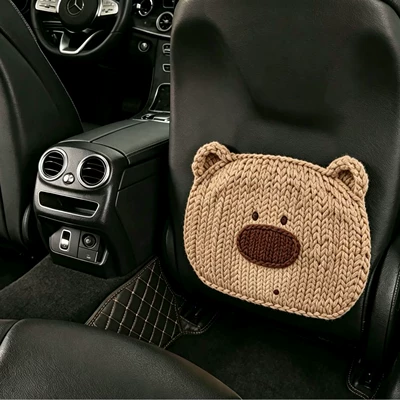 Car Rear Seat Anti-Kick Pad with 3D Texture Effect, Knitted Bear Design, Children's Anti-Dirt Protective Pad, Seat Back Protection Pad (Chair back anti-kick pad) - short-anti-kick-pad-3d-texture-bear-beige-one