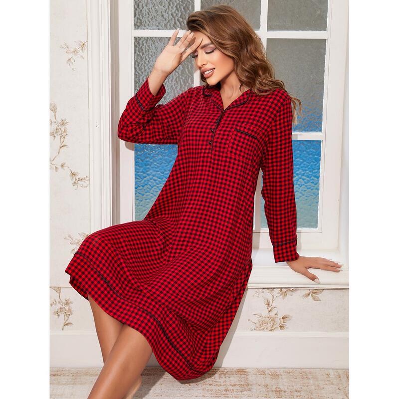 European and American Cross-Border Long Nightgown for Women Christmas Red Plaid Loose Long-Sleeved Home Wear Pajamasпижаovic European and American Cross-Border Long Nightgown for Women Christmas Red Plaid Loose Long-Sleeved Home Wear Pajamasпижаovic