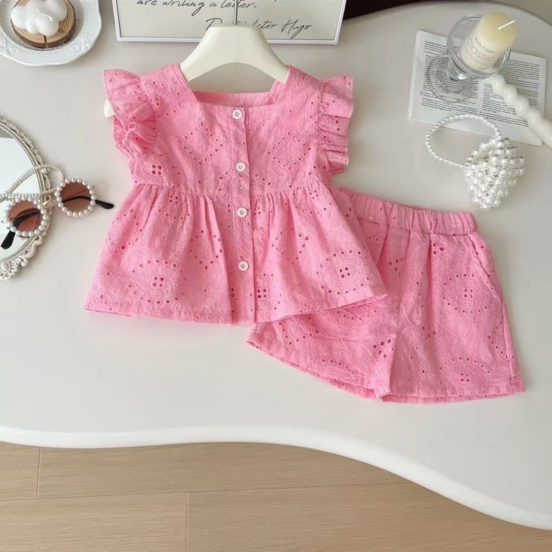 Girls' New Summer Pink Cotton Small Flying Sleeve Top + Shorts Two-Piece Set, Western Style Princess Style Super Fairy Summer Dress