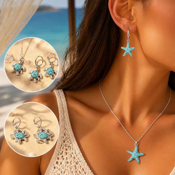 Ocean Style Turquoise Necklace Bracelet for Women Ins Beach Vacation Earrings Anklet Jewelry Set Trendy Cross-Border