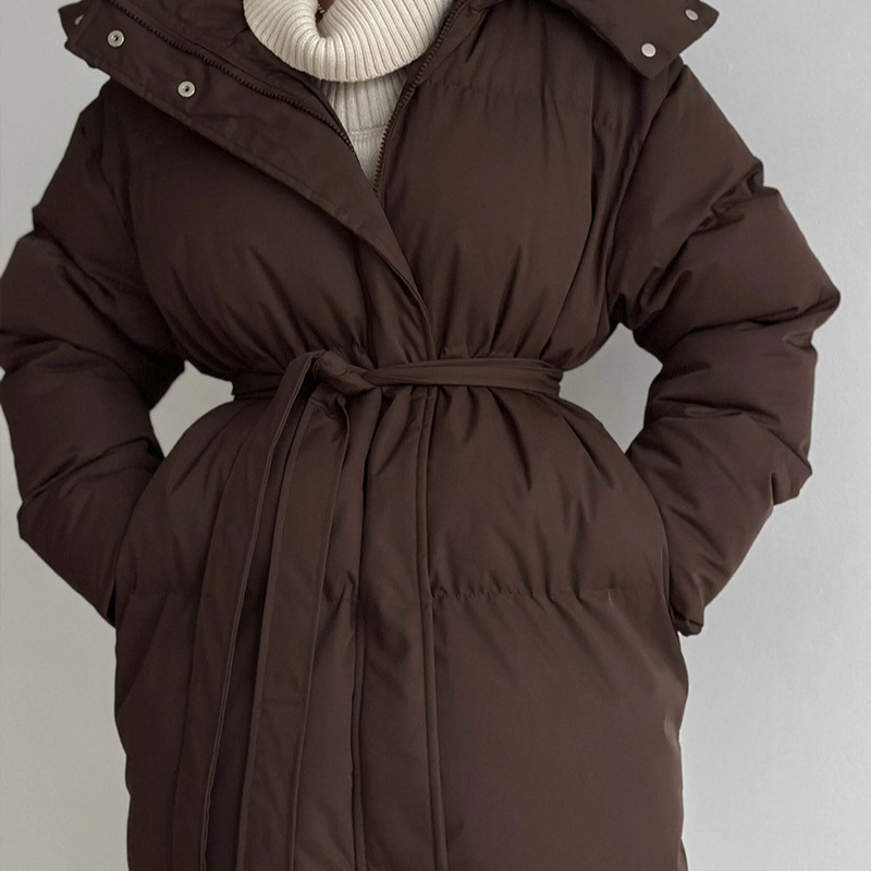 2026 European and American style casual waist-cinching hooded mid-length puffer jacket for women, thickened cotton coat, brown 2026 European and American style casual waist-cinching hooded mid-length puffer jacket for women, thickened cotton coat, brown