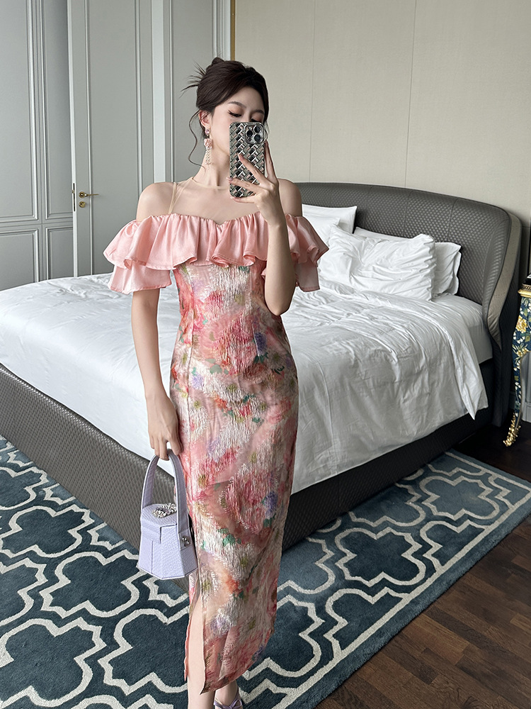 Đầm maxi nữ thiết kế kiểu Pháp trễ vai xếp bèo ôm eo in họa tiết — Màu hồng