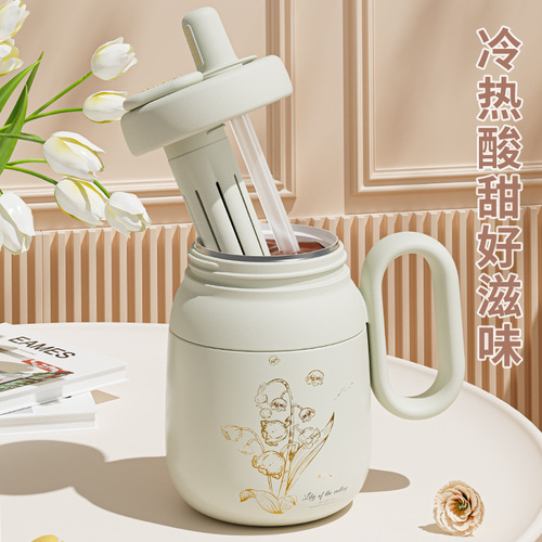 Portable handle stainless steel ceramic liner thermos cup girls office handy cup tea straw coffee cup