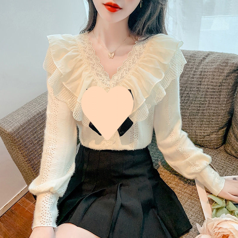 Spring design apricot fleece base lace silk shirt with bow