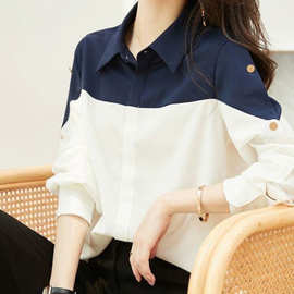 日韩新款撞色简约舒适百搭显瘦拼接长袖棉质衬衫宽松polo领上衣女