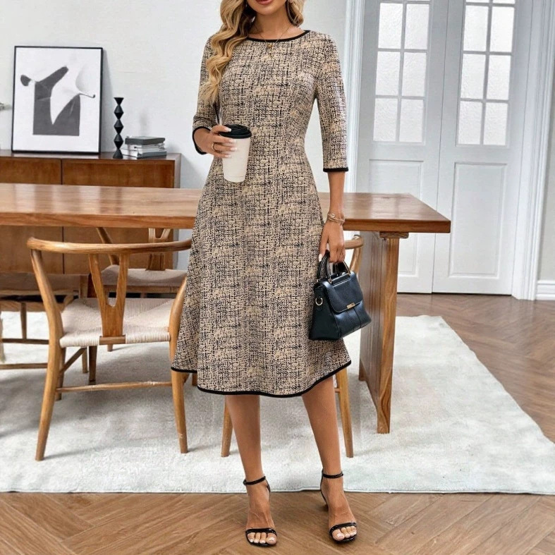 2026 Amazon Cross-Border Women's Casual Mid-Length Full-Print Dress, Round Neck, 3/4 Sleeves, Women's Style 2026 Amazon Cross-Border Women's Casual Mid-Length Full-Print Dress, Round Neck, 3/4 Sleeves, Women's Style