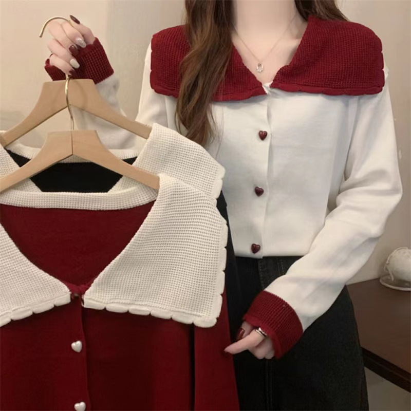 娃娃领针织开衫女2025秋冬新款韩版甜美学院风毛衣外套薄款透气短