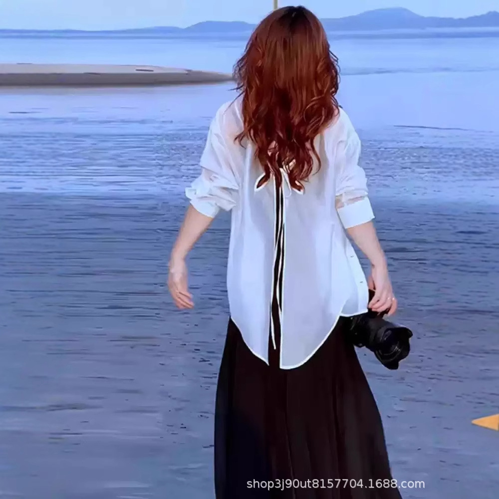 White autumn demi-season shirt with bow