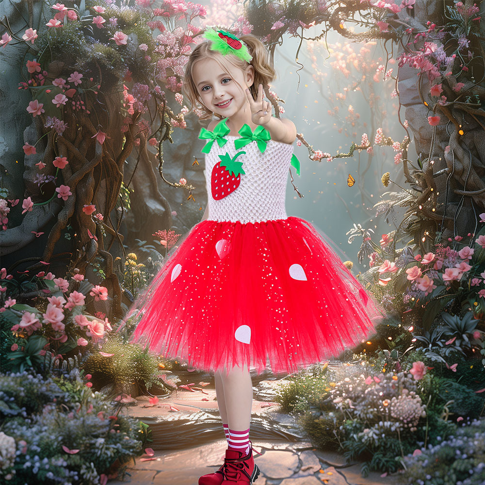 欧美新款网纱公主裙红色草莓节日表演服装圣诞节六一节舞蹈演出服