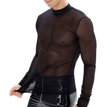 Men's elastic mesh T-shirt欧美男士透明上衣网纱长袖T恤打底衣