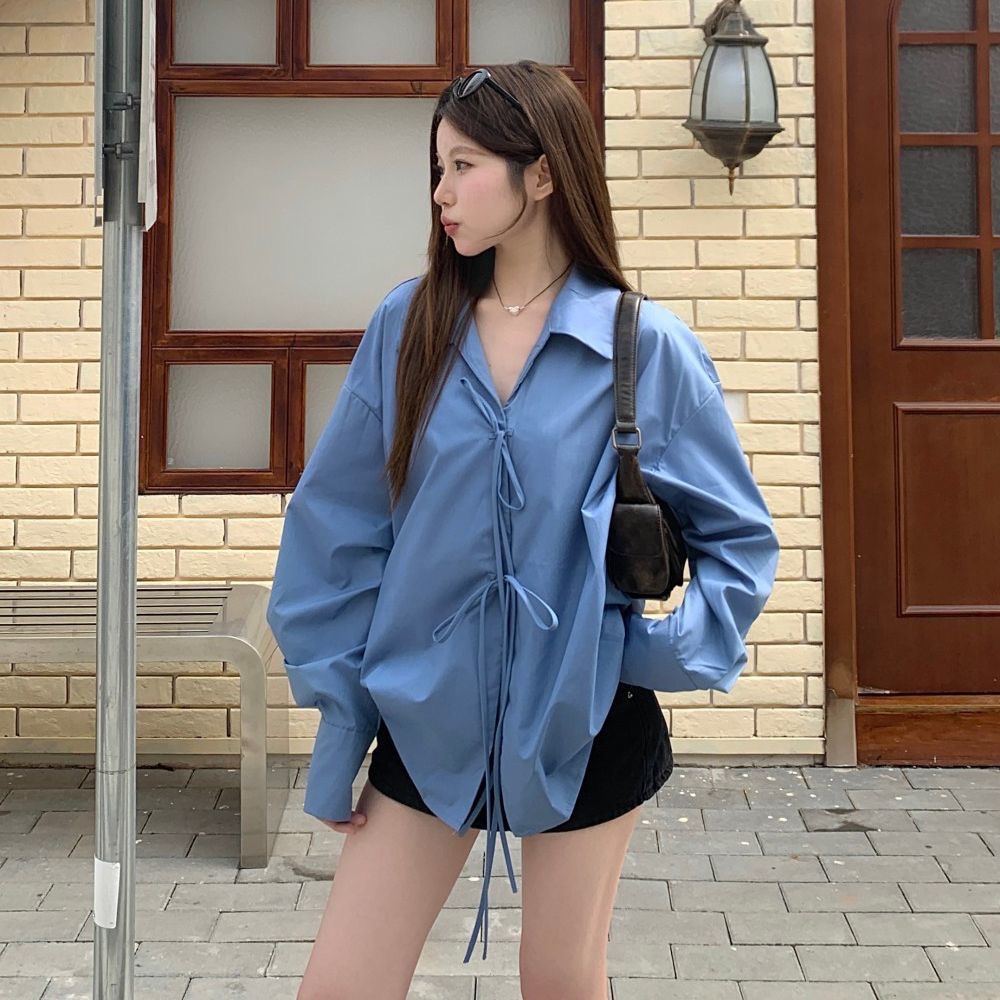 Autumn design blue retro shirt with bow