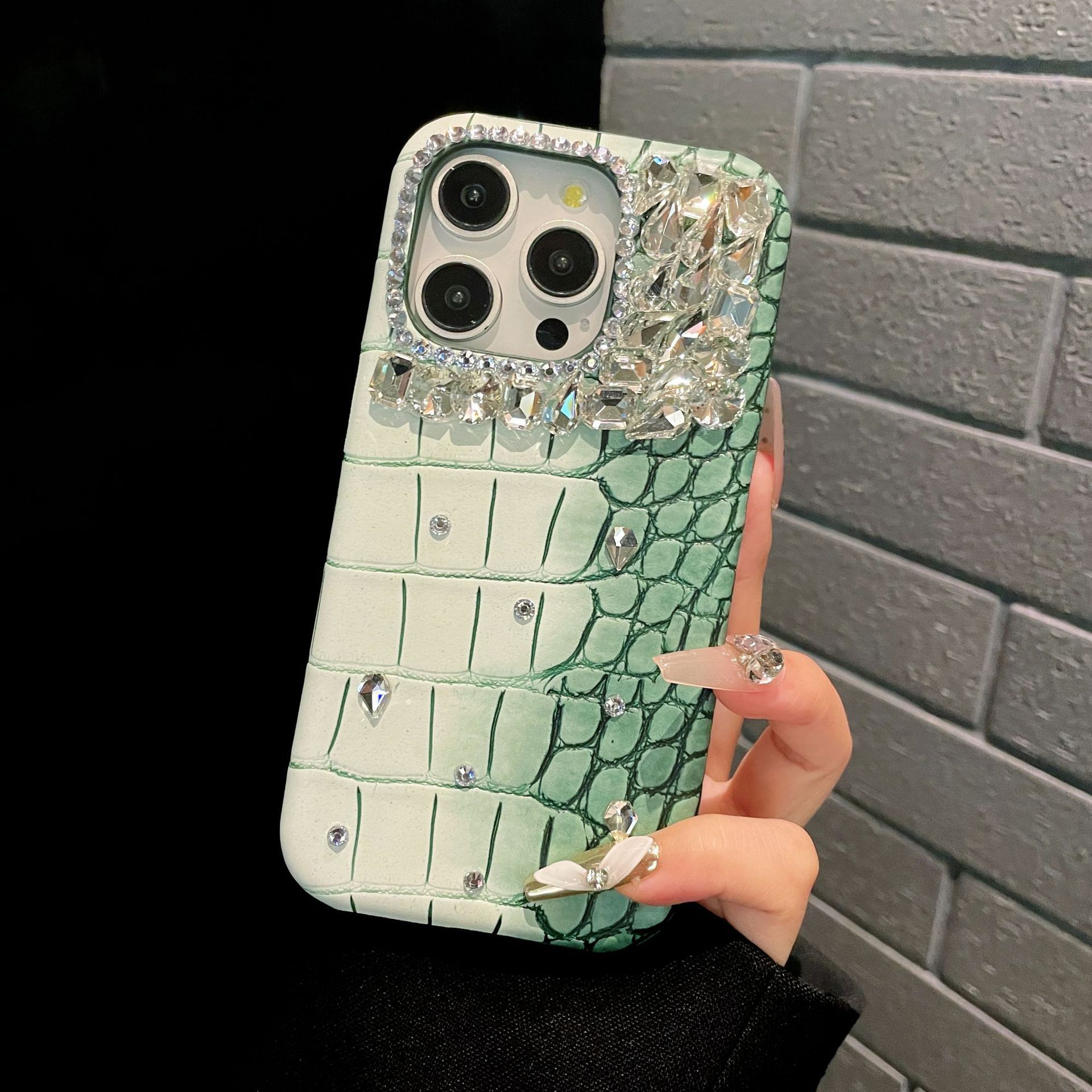 Ốp lưng điện thoại nửa cứng vân cá sấu pha lê lấp lánh cho iPhone 7-15 — Màu xanh quân đội kim cương lấp lánh, Hoa violet kim cương lấp lánh, Hồng lấp lánh, Xanh denim kim cương lấp lánh chi tiết 6