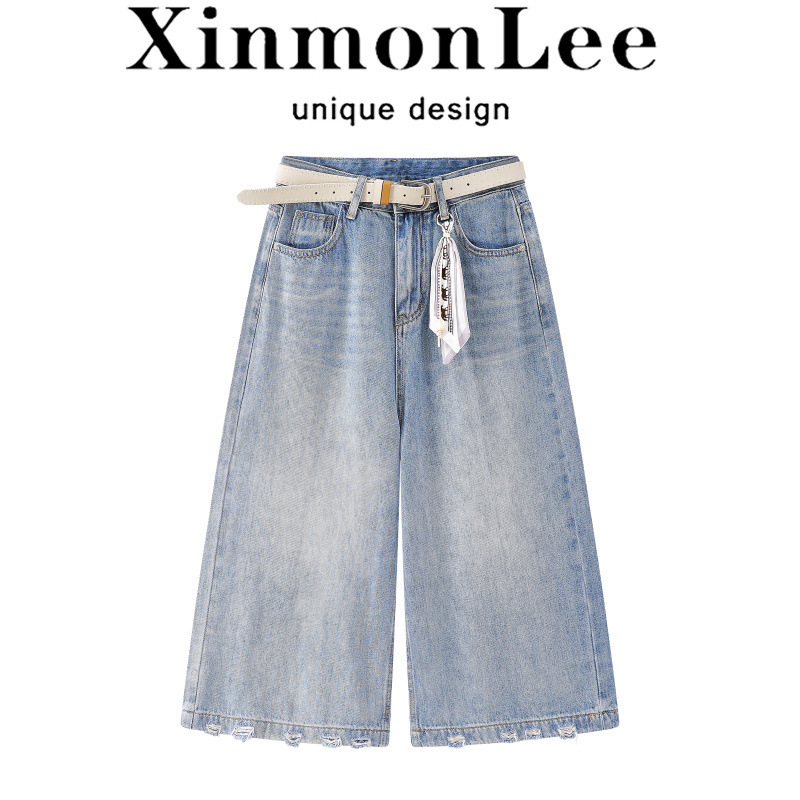 Plus-size women's clothing from the source factory: vintage distressed ripped denim cropped pants, summer loose-fitting slimming versatile wide-leg pants Plus-size women's clothing from the source factory: vintage distressed ripped denim cropped pants, summer loose-fitting slimming versatile wide-leg pants