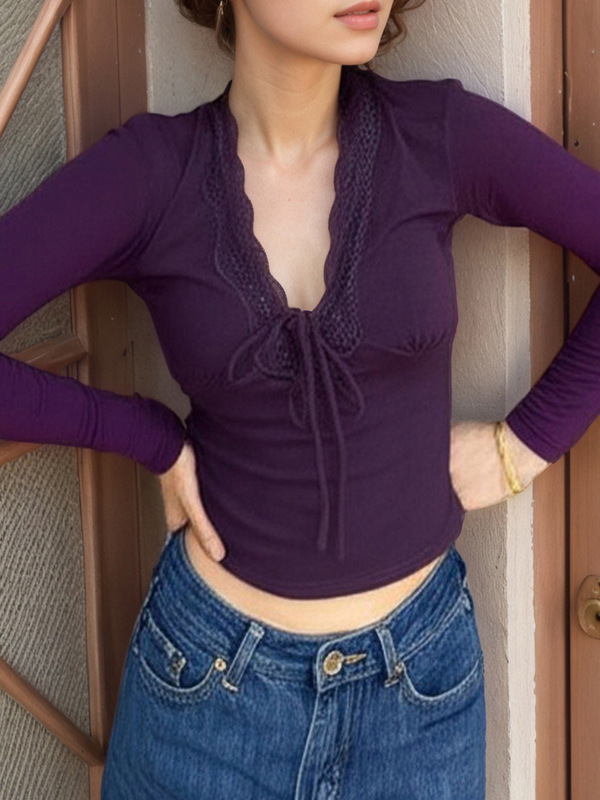 欧美蕾丝拼接蝴蝶结长袖T恤新款甜辣妹时尚修身显瘦打底衫上衣|undefined