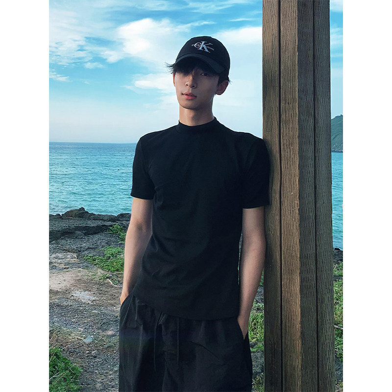 Pure Cotton Half-High Collar Short-Sleeve Men's Summer Boxy Short Wide Small Neckline T-Shirt with Cuffed Sleeves and Regular Shoulder Half-Sleeves Pure Cotton Half-High Collar Short-Sleeve Men's Summer Boxy Short Wide Small Neckline T-Shirt with Cuffed Sleeves and Regular Shoulder Half-Sleeves