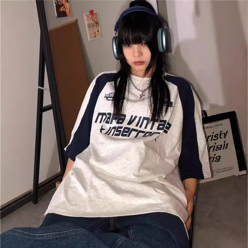 American-style Color Contrast Short-sleeved T-shirt Women's National Fashion American-style Retro Raglan Sleeve Loose oversize Casual Top for Couple American-style Color Contrast Short-sleeved T-shirt Women's National Fashion American-style Retro Raglan Sleeve Loose oversize Casual Top for Couple