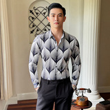 跨境新款男士翻领免烫长袖衬衫潮流数码印花款休闲时尚衬衣3009，男装衬衫，乐天大叔的衬衫铺