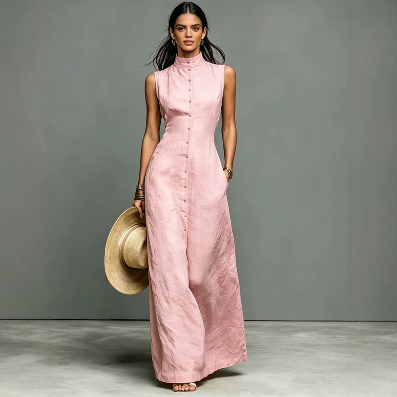 Cross-border Amazon 2026 New Women's Minimalist Style Fashionable Elegant Stand Collar Single-Breasted Sleeveless Maxi Dress Cross-border Amazon 2026 New Women's Minimalist Style Fashionable Elegant Stand Collar Single-Breasted Sleeveless Maxi Dress