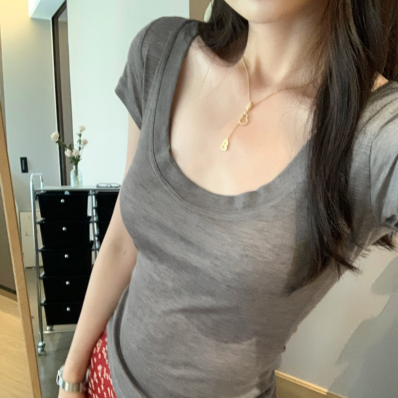 薄手の微透けラウンドネックウエスト半袖Tシャツ2025春夏新デザインスリムフィットトップ女性用|undefined