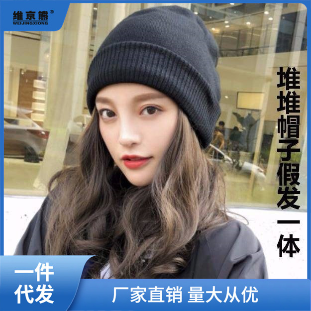 Knitted Hat with Wig for Women, Autumn and Winter Style, Long Hair Slouchy Beanie, Trendy Long Curly Full Head Cover