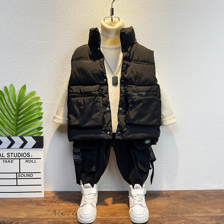 Βαμβακερό γιλέκο για αγόρια διπλή τρισδιάστατη τσάντα στα τέλη του φθινοπώρου, αμάνικο συν, παιδικός χειμώνας_voghion.com