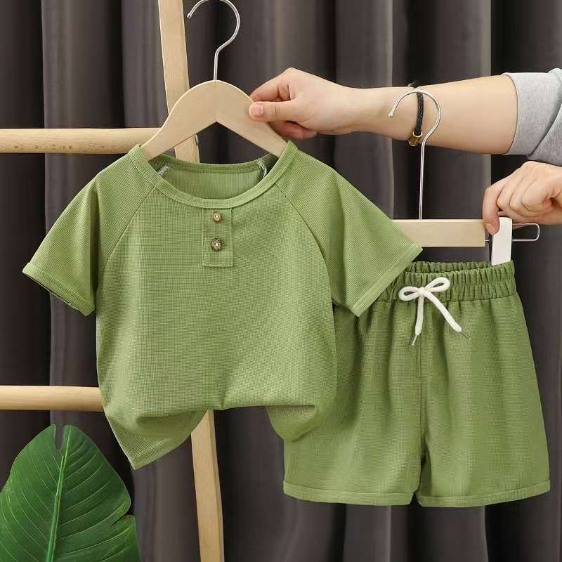 Set de mangas cortas para niños verano nuevos pantalones cortos para niños coreanos Waffle Baby verano ropa infantil al por mayor image 9
