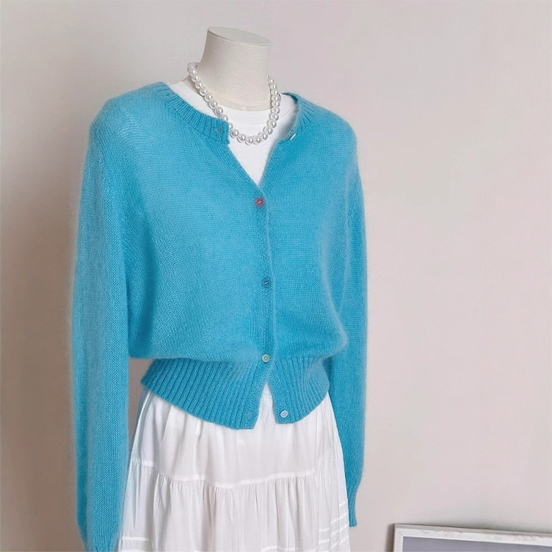 Blue Mohair Round Neck Knitted Cardigan for Women in Early Autumn Korean Style Soft Waxy Sweater Jacket Super Nice Top