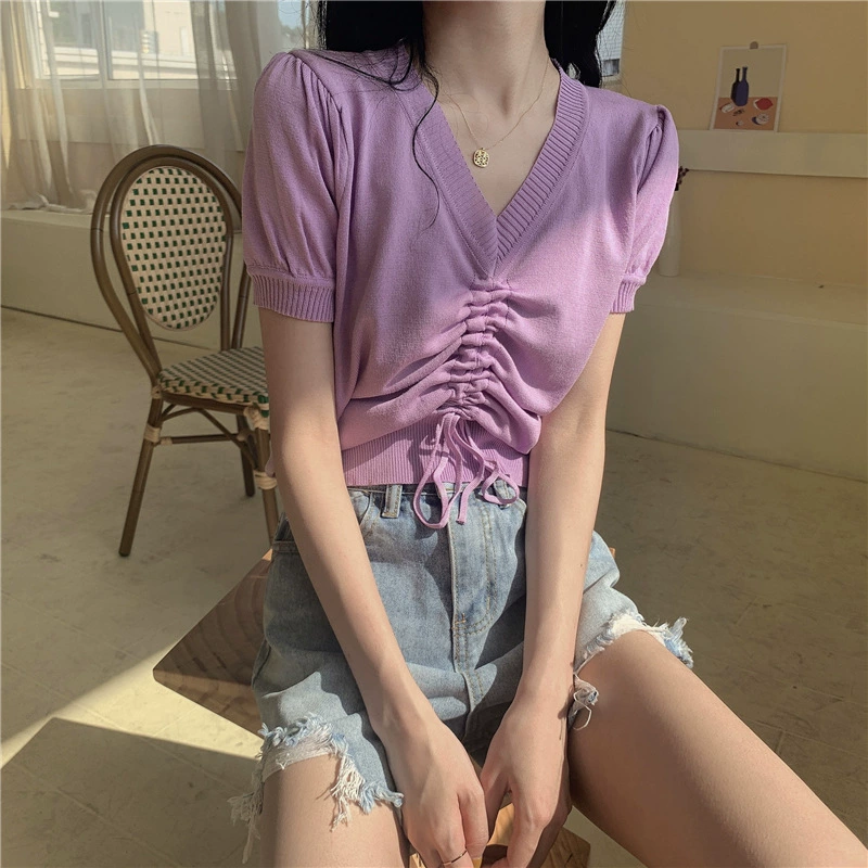 Knitted sweater, T-shirt, drawstring, puff sleeves