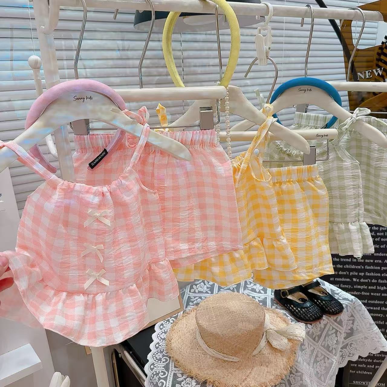 夏季外贸两件套格子控蝴蝶结吊带套装女童洋气格子背心套装批发MF